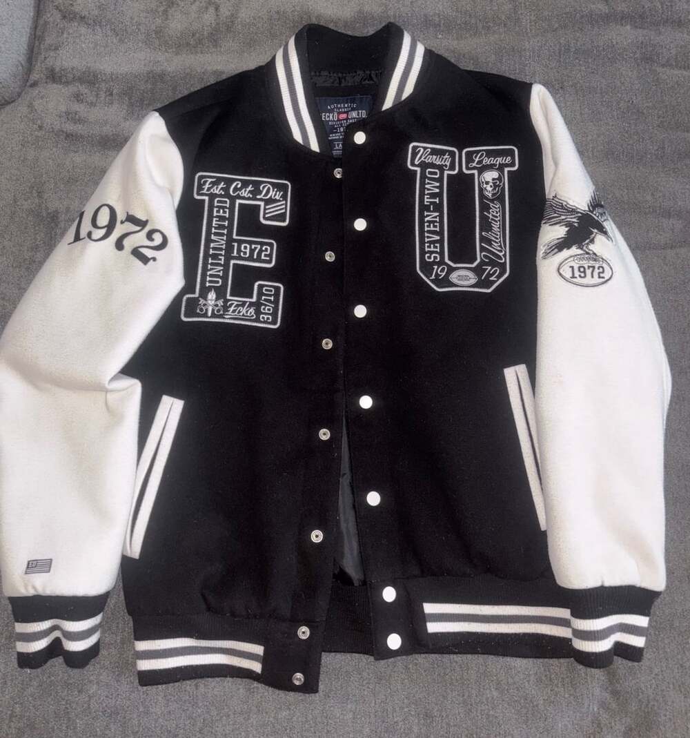 Ecko Unltd Varsity Jacket Size Large Black White Letterman Bomber